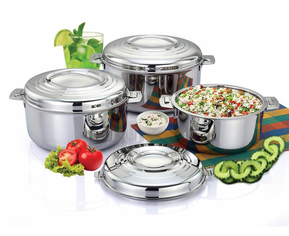 MAHAA Stainless Steel Blue Bell Insulated Casserole Gift Set – 3 Pcs | Dual Wall Hot Pot | Snug-Fit Locking Lid | Rust-Free | Elegant Tableware